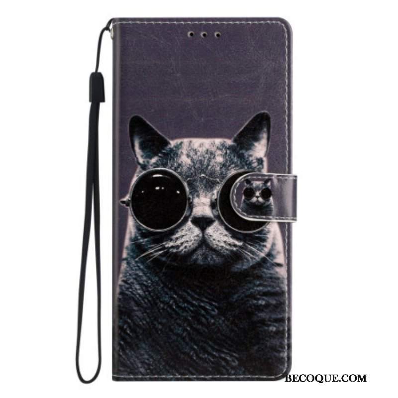 Etui Folio do Moto G73 5G z Łańcuch Okulary Z Paskami Cat