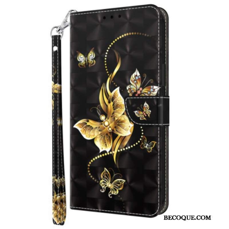 Etui Folio do Samsung Galaxy A14 / A14 5G z Łańcuch Złote Motyle Z Paskiem