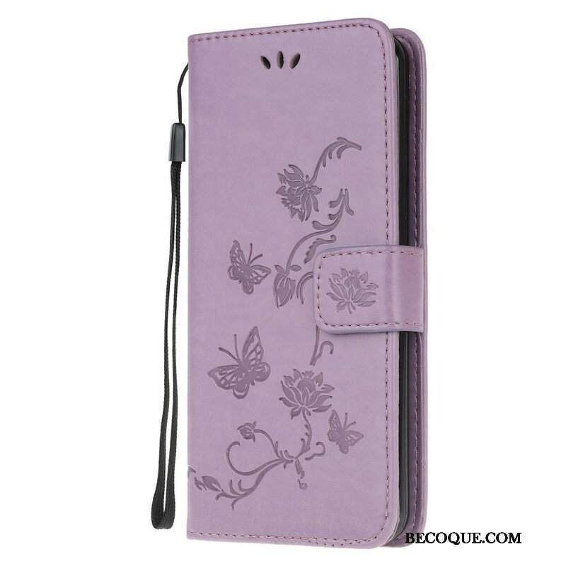 Etui Folio do Samsung Galaxy A42 5G z Łańcuch Stringi Motyle I Kwiaty