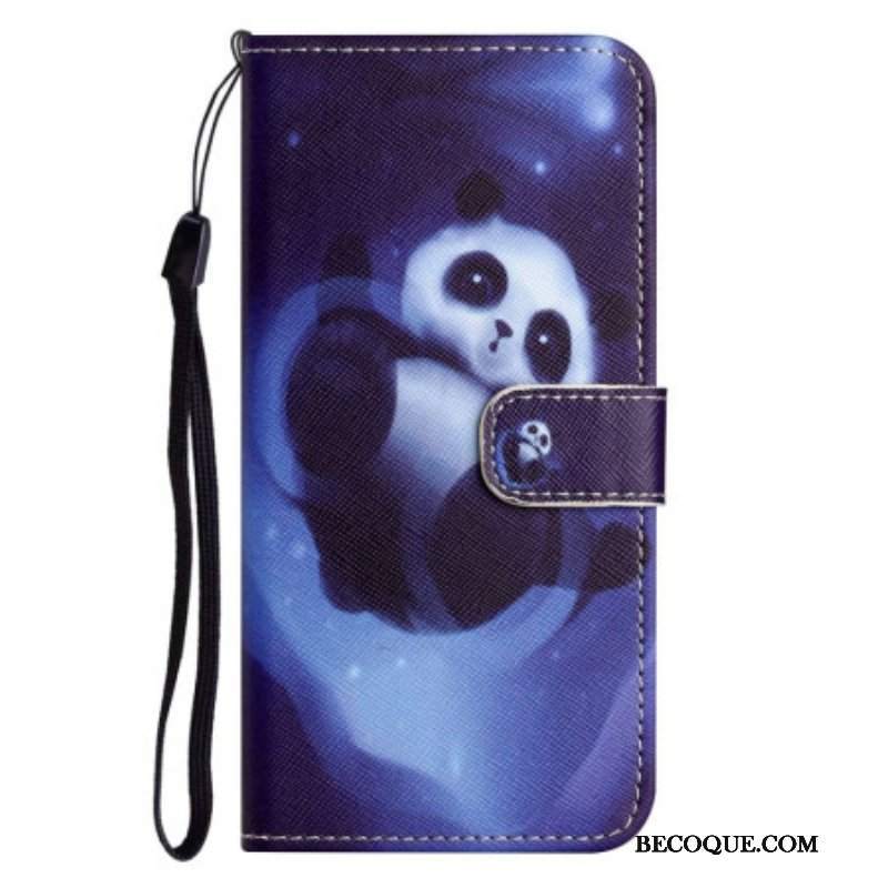 Etui Folio do iPhone 14 Plus z Łańcuch Panda W Kosmosie Ze Smyczą