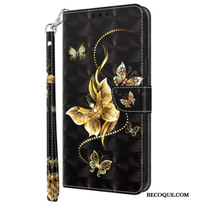 Etui Folio do iPhone 15 Pro z Łańcuch Złote Motyle Z Paskiem