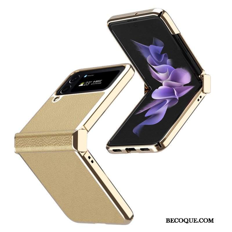 Etui do Samsung Galaxy Z Flip 4 Etui Folio Metalowe Krawędzie Ze Skóry Liczi