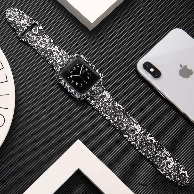 Futerał Apple Watch Series 3 Silikonowe Biały Drukowana, Etui Apple Watch Series 3 Ochraniacz Modna Marka Czarny