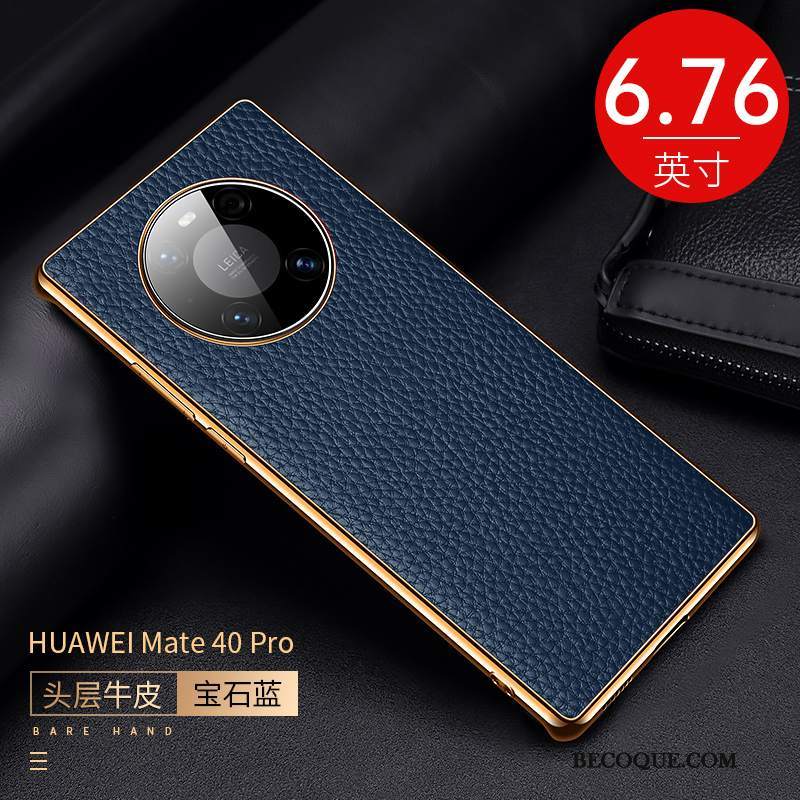 Futerał Huawei Mate 40 Pro Skóra Litchi Bydło, Etui Huawei Mate 40 Pro Ochraniacz Niebieski Wzór