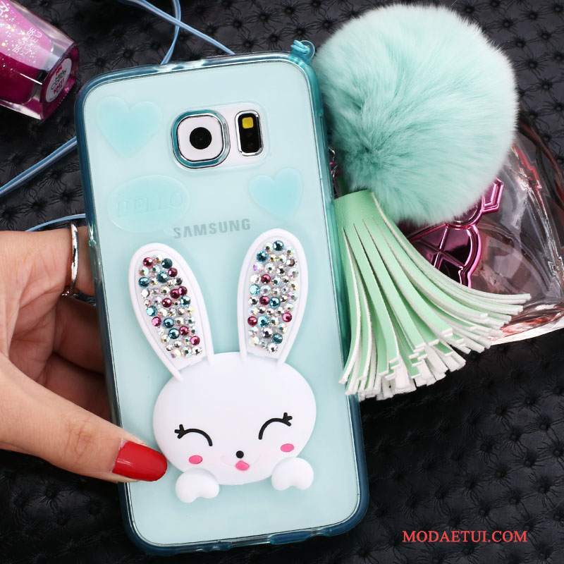 Futerał Samsung Galaxy S6 Rhinestone Zielonyna Telefon, Etui Samsung Galaxy S6 Silikonowe Futrzany Pompon Bunny
