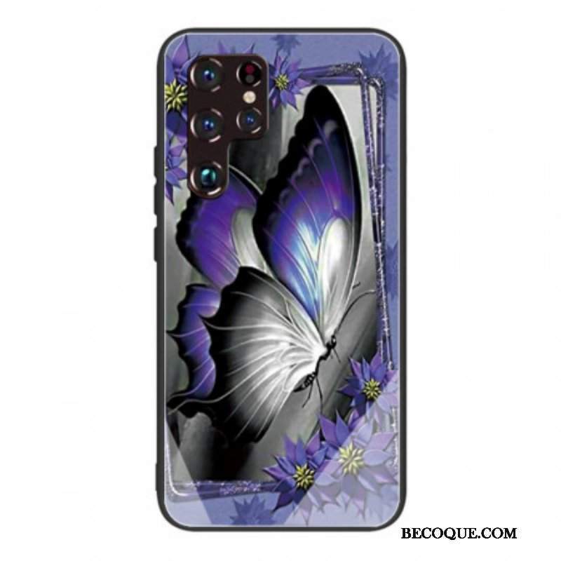Futerały do Samsung Galaxy S22 Ultra 5G Fioletowe Szkło Hartowane W Kształcie Motyla