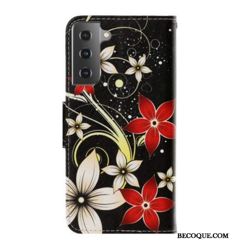 Skórzany Futerał do Samsung Galaxy S21 Plus 5G z Łańcuch Kolorowe Paskowate Kwiaty