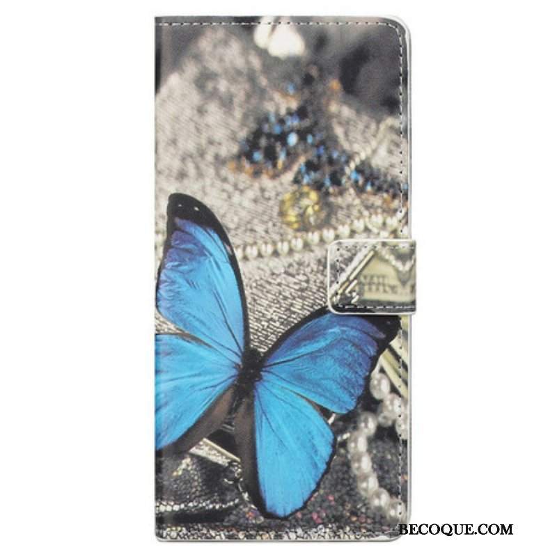 Skórzany Futerał do iPhone 13 Pro Max Niebieski Motyl