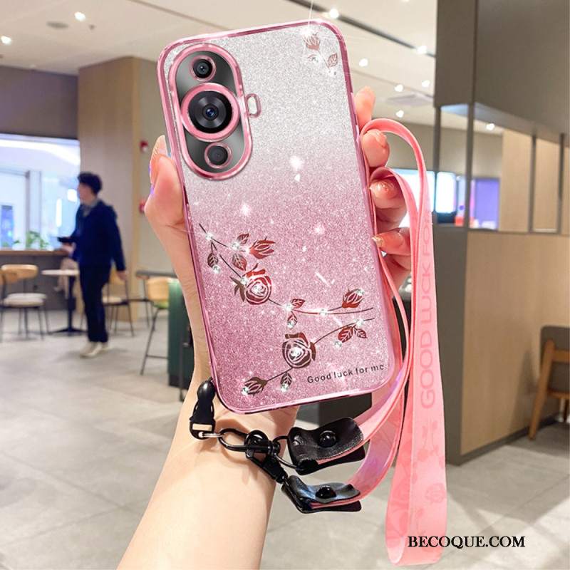 Etui Do Huawei Nova 12s Kwiaty I Cyrkonie Z Paskiem Kadem