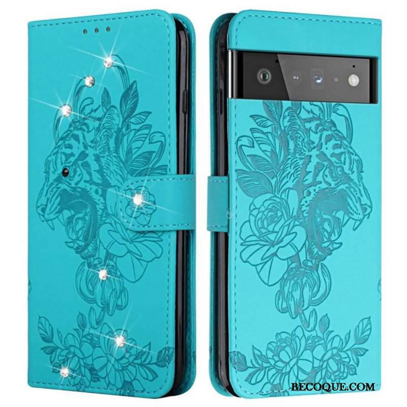 Etui Folio do Google Pixel 6 Barokowy Tygrys I Strass