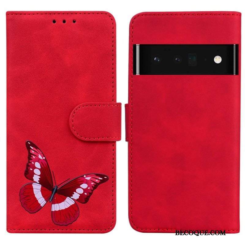 Etui Folio do Google Pixel 6 Pro Motyl Dotykający Skóry