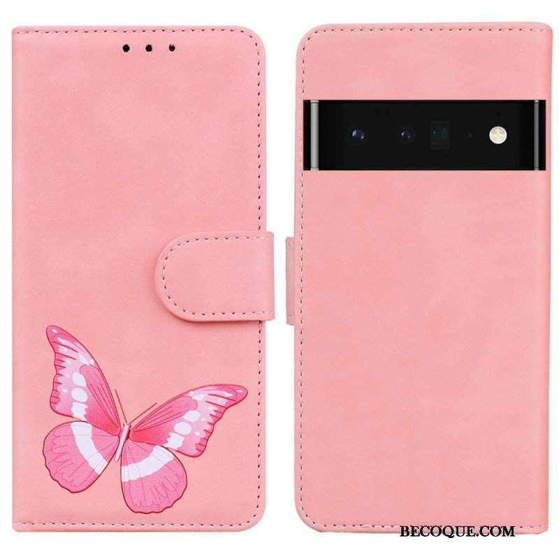 Etui Folio do Google Pixel 6 Pro Motyl Dotykający Skóry