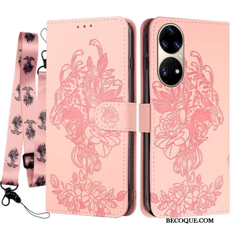 Etui Folio do Huawei P50 Pro z Łańcuch Barokowy Tygrys Z Paskami