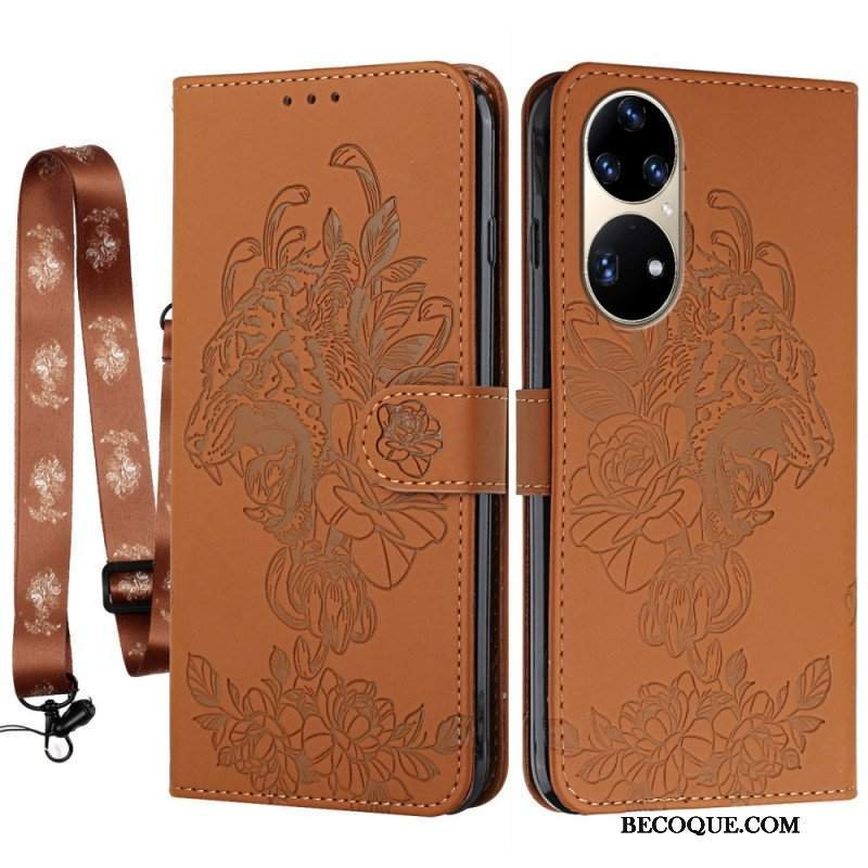 Etui Folio do Huawei P50 Pro z Łańcuch Barokowy Tygrys Z Paskami