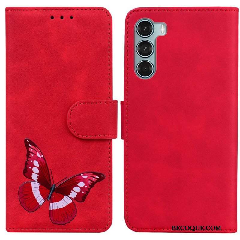 Etui Folio do Moto G200 5G Motyl Dotykający Skóry