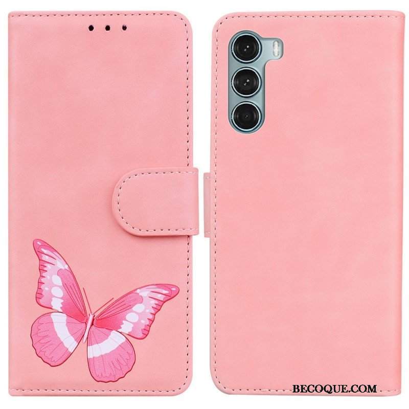 Etui Folio do Moto G200 5G Motyl Dotykający Skóry