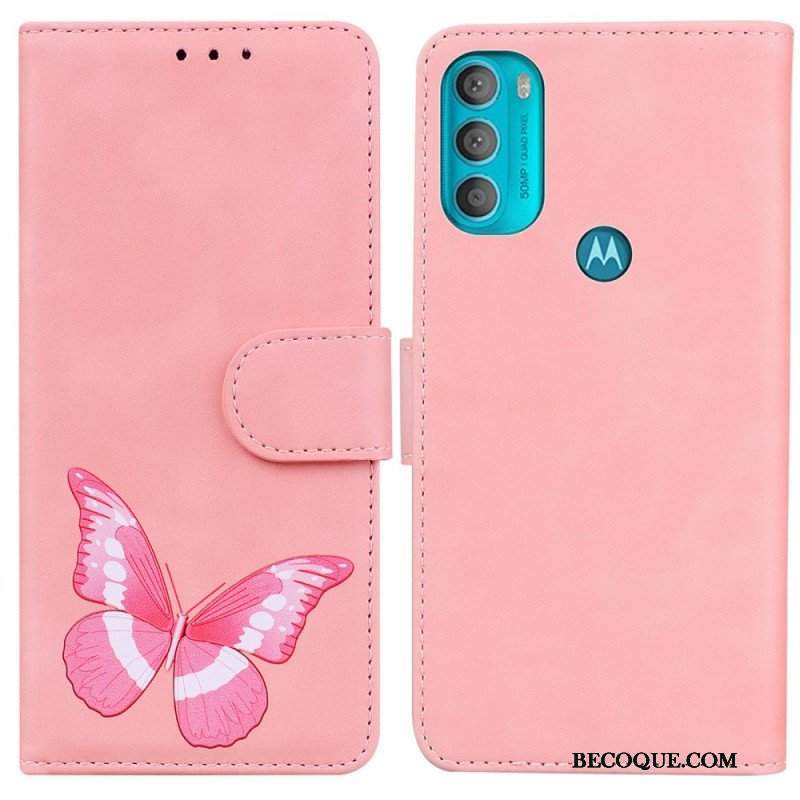 Etui Folio do Moto G71 5G Motyl Dotykający Skóry