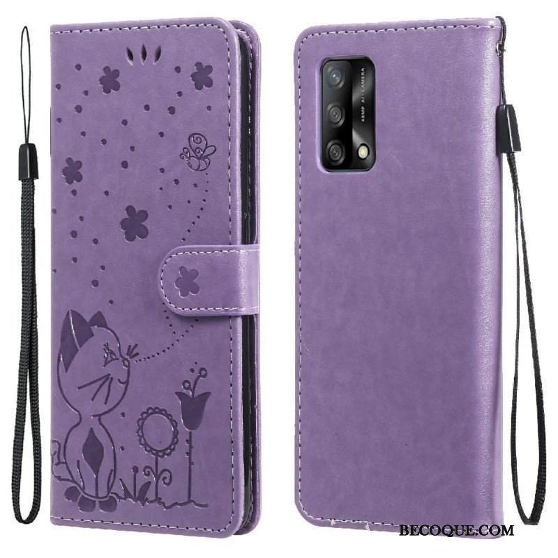 Etui Folio do Oppo A74 4G z Łańcuch Kot I Pszczoła Z Smyczą