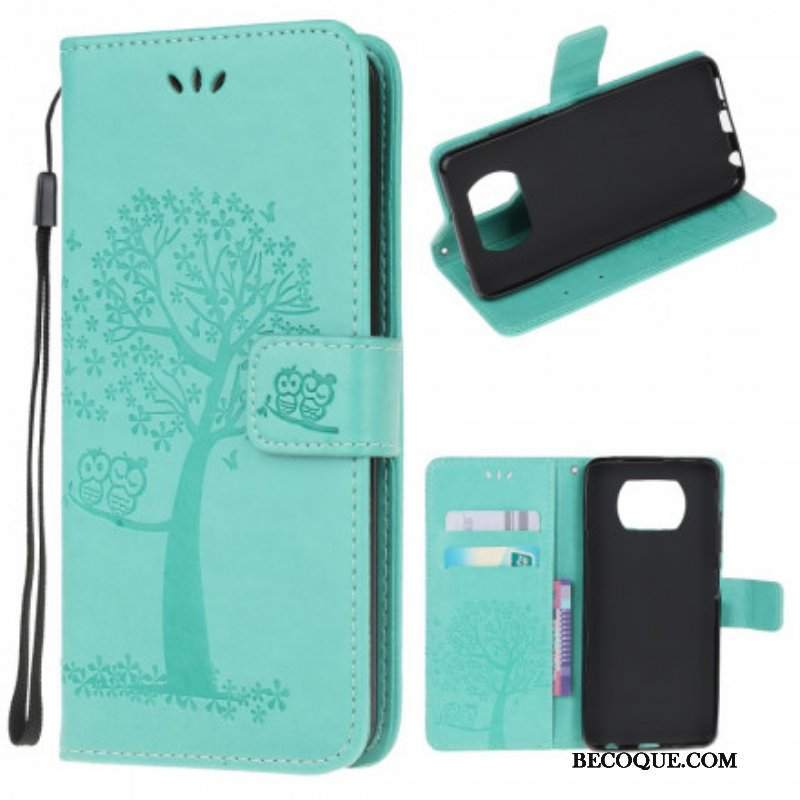 Etui Folio do Poco X3 / X3 Pro / X3 NFC z Łańcuch Drzewo Stringów I Sowy