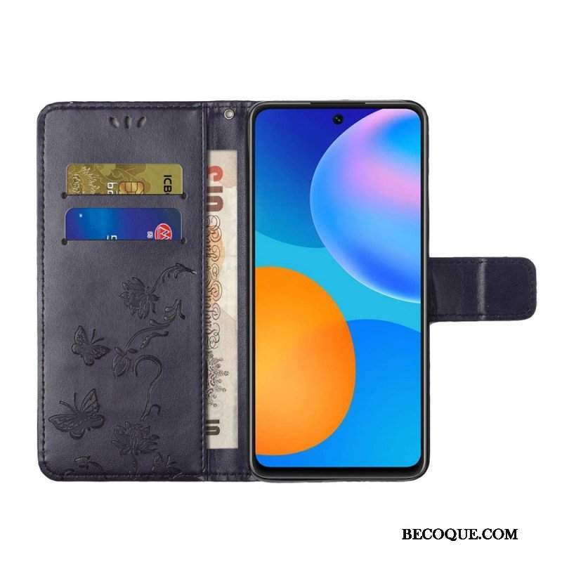 Etui Folio do Samsung Galaxy M52 5G z Łańcuch Pasek W Motyle I Kwiaty