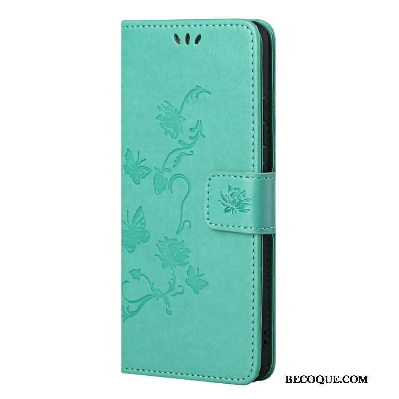 Etui Folio do Samsung Galaxy M52 5G z Łańcuch Pasek W Motyle I Kwiaty