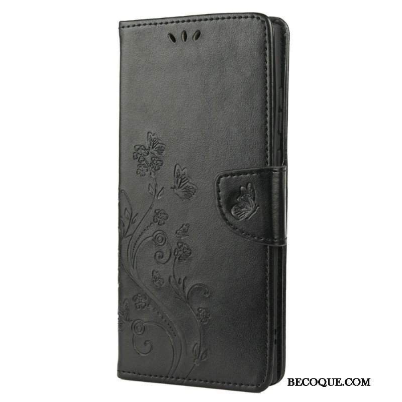 Etui Folio do Samsung Galaxy S22 Ultra 5G Motyle I Kwiaty Z Smyczem