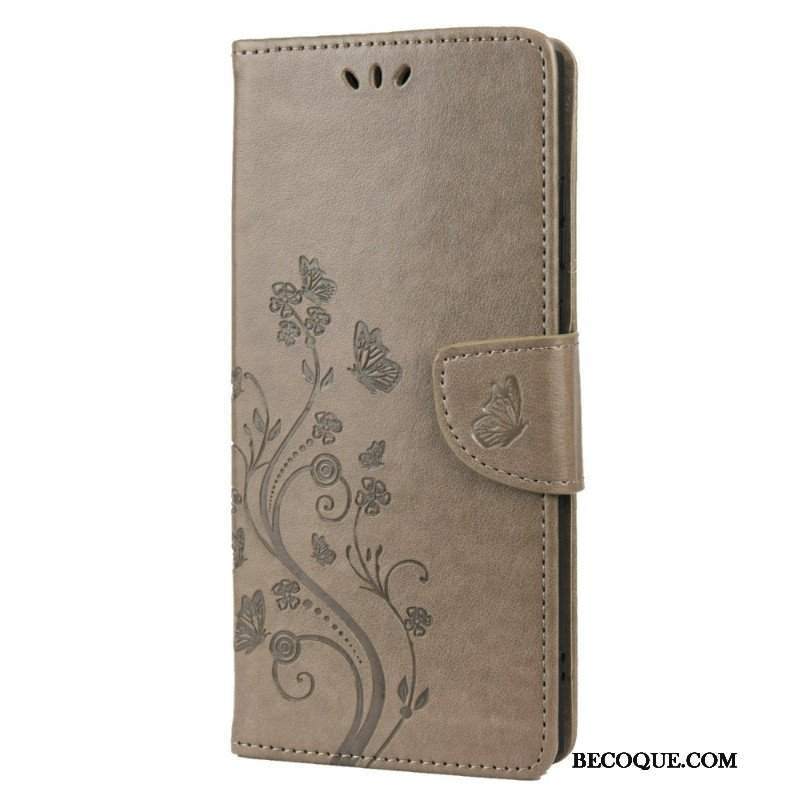 Etui Folio do Samsung Galaxy S22 Ultra 5G Motyle I Kwiaty Z Smyczem