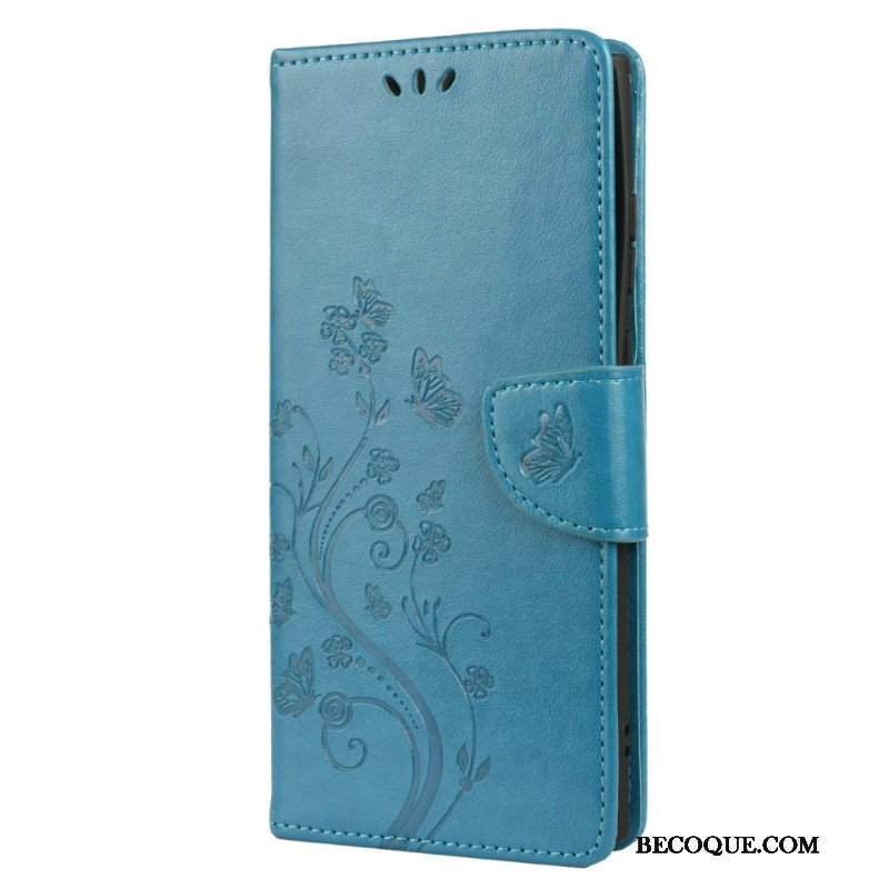 Etui Folio do Samsung Galaxy S22 Ultra 5G Motyle I Kwiaty Z Smyczem