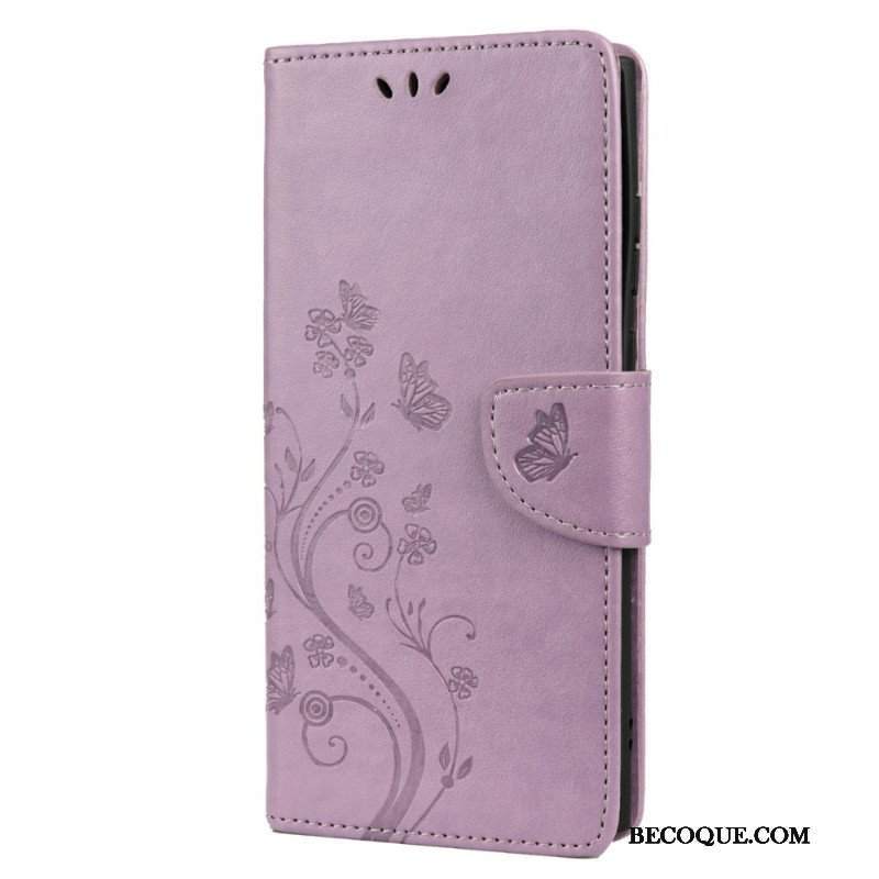 Etui Folio do Samsung Galaxy S22 Ultra 5G Motyle I Kwiaty Z Smyczem