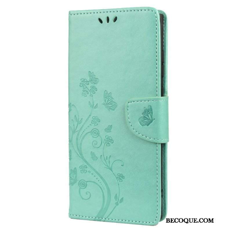 Etui Folio do Samsung Galaxy S22 Ultra 5G Motyle I Kwiaty Z Smyczem