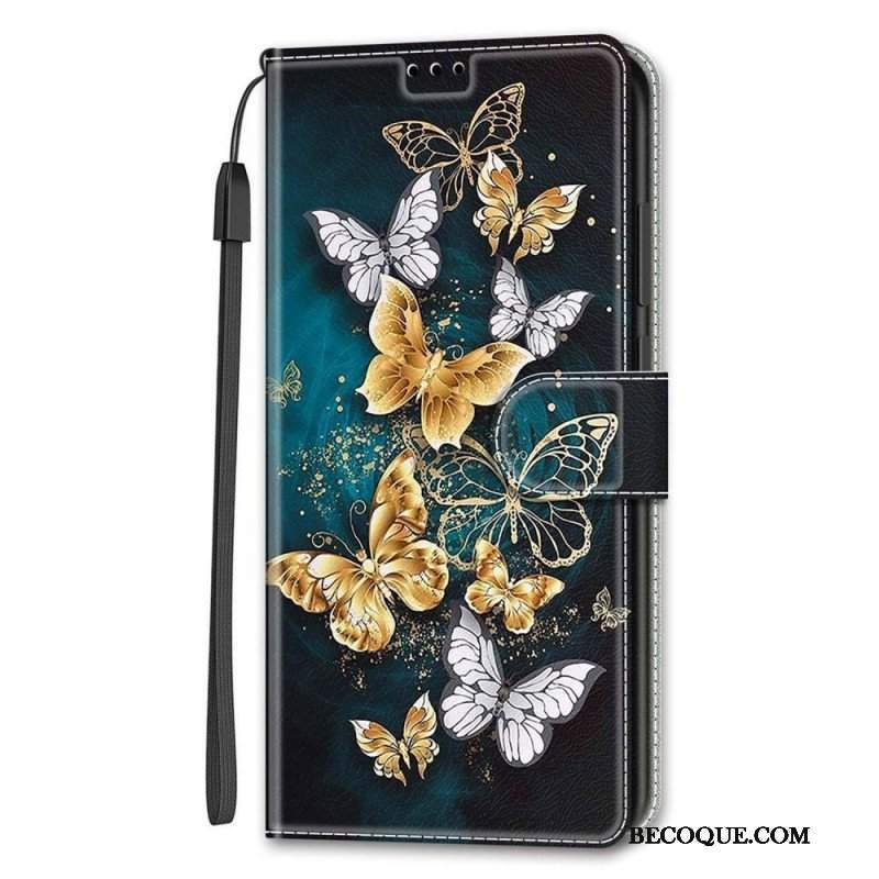 Etui Folio do Samsung Galaxy S22 Ultra 5G z Łańcuch Wachlarz Motyli Na Pasku