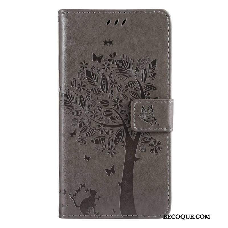 Etui Folio do Sony Xperia 5 IV z Łańcuch Drzewo I Pasiasty Kot