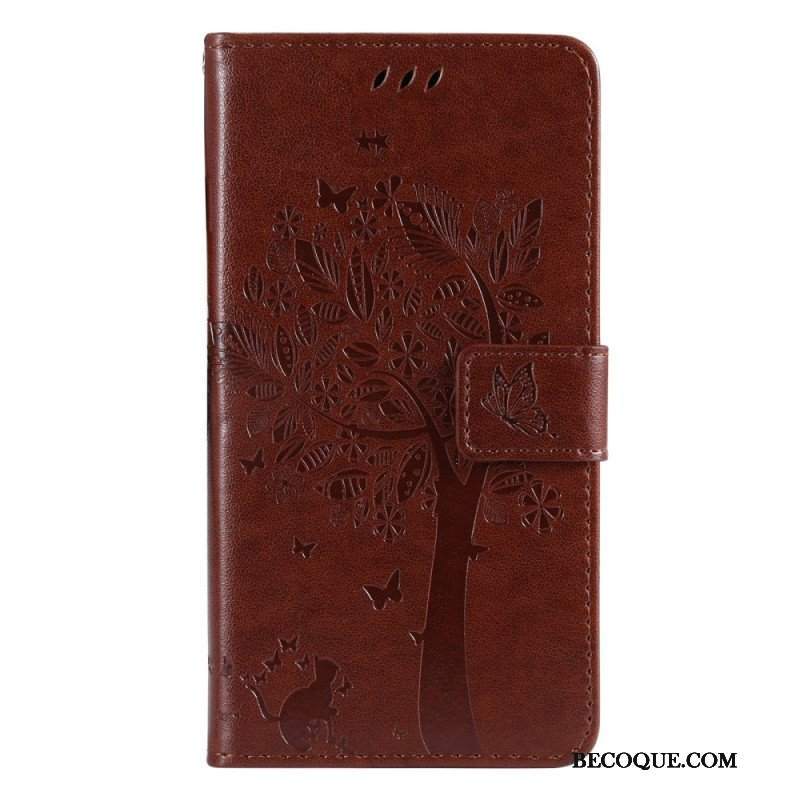 Etui Folio do Sony Xperia 5 IV z Łańcuch Drzewo I Pasiasty Kot