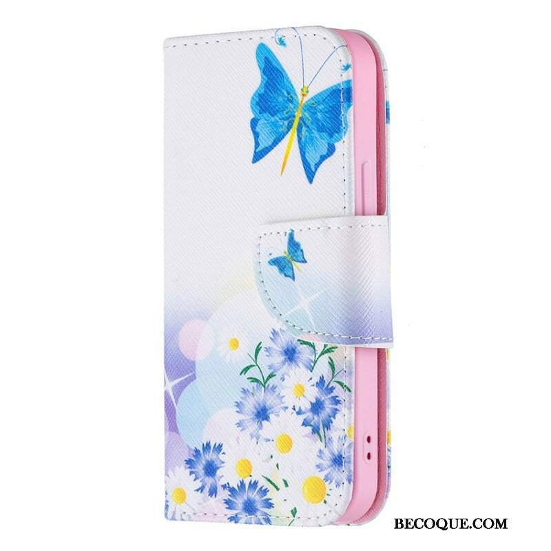 Etui Folio do iPhone 13 Mini Malowane Motyle I Kwiaty