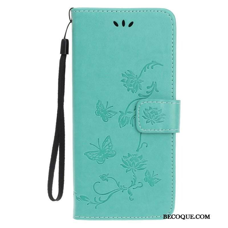 Etui Folio do iPhone 13 Mini z Łańcuch Pasek W Motyle I Kwiaty