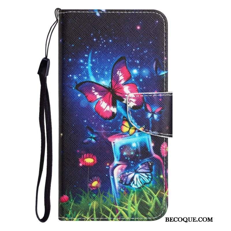 Etui Folio do iPhone 15 z Łańcuch Magiczne Motyle Ze Smyczką