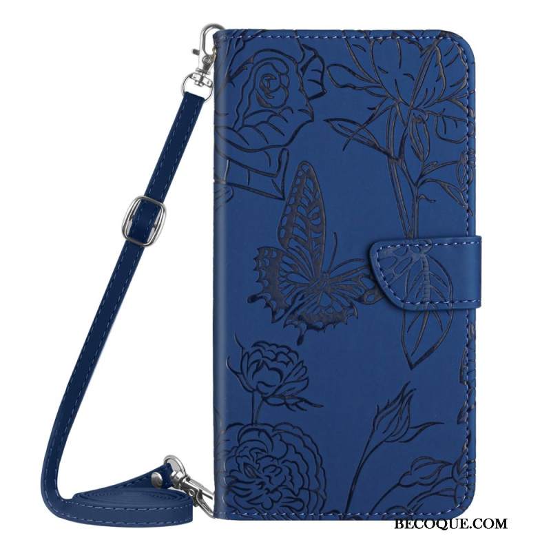 Etui Folio iPhone 16 Plus Nadruk W Kształcie Motyla Z Paskiem Na Ramię