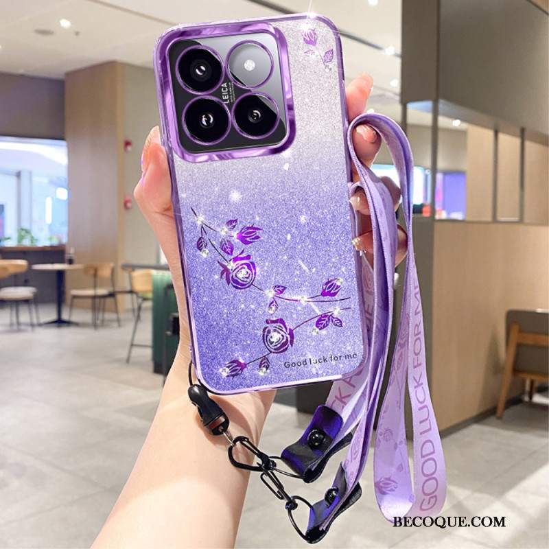 Etui Xiaomi 14t Pro Cyrkonie I Kwiaty Z Paskiem