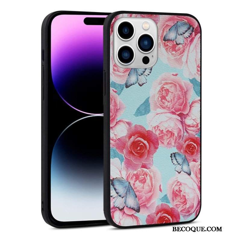 Etui do iPhone 14 Pro Kwiatowy Ze Sztucznej Skóry