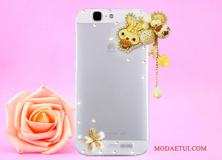 Futerał Huawei Ascend G7 Rhinestone Złoto Przezroczysty, Etui Huawei Ascend G7 Ochraniacz Wisząca Szyjana Telefon