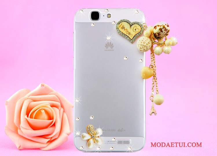 Futerał Huawei Ascend G7 Rhinestone Złoto Przezroczysty, Etui Huawei Ascend G7 Ochraniacz Wisząca Szyjana Telefon