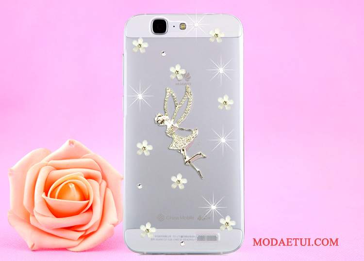 Futerał Huawei Ascend G7 Rhinestone Złoto Przezroczysty, Etui Huawei Ascend G7 Ochraniacz Wisząca Szyjana Telefon