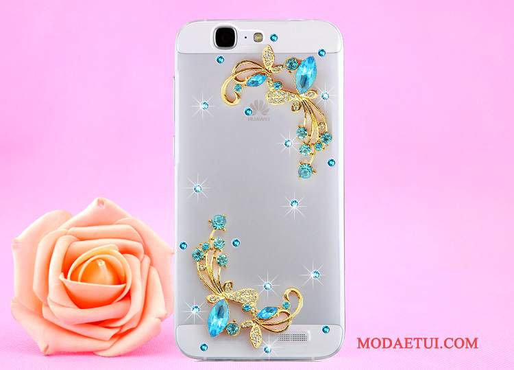 Futerał Huawei Ascend G7 Rhinestone Złoto Przezroczysty, Etui Huawei Ascend G7 Ochraniacz Wisząca Szyjana Telefon