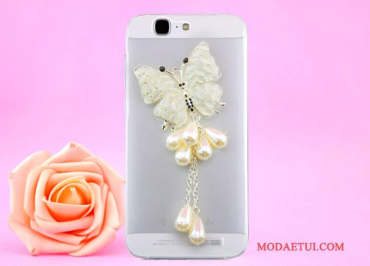 Futerał Huawei Ascend G7 Rhinestone Złoto Przezroczysty, Etui Huawei Ascend G7 Ochraniacz Wisząca Szyjana Telefon