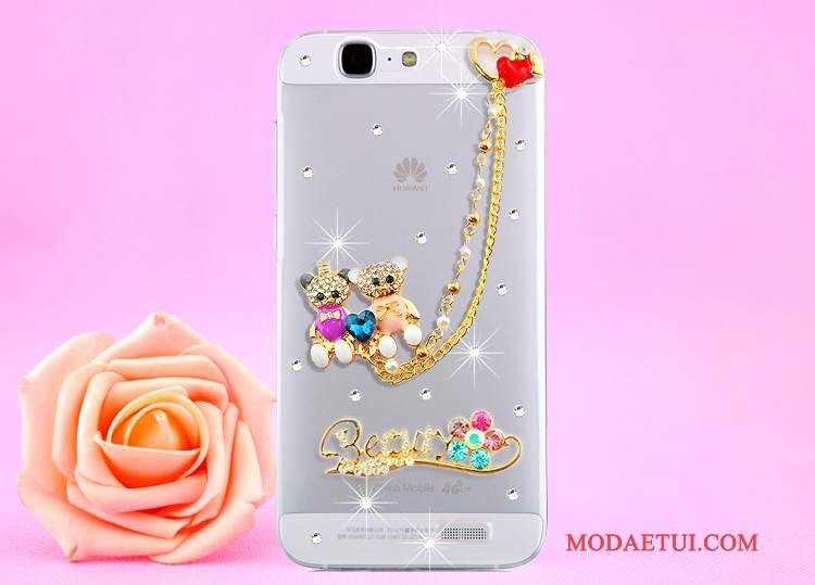 Futerał Huawei Ascend G7 Rhinestone Złoto Przezroczysty, Etui Huawei Ascend G7 Ochraniacz Wisząca Szyjana Telefon