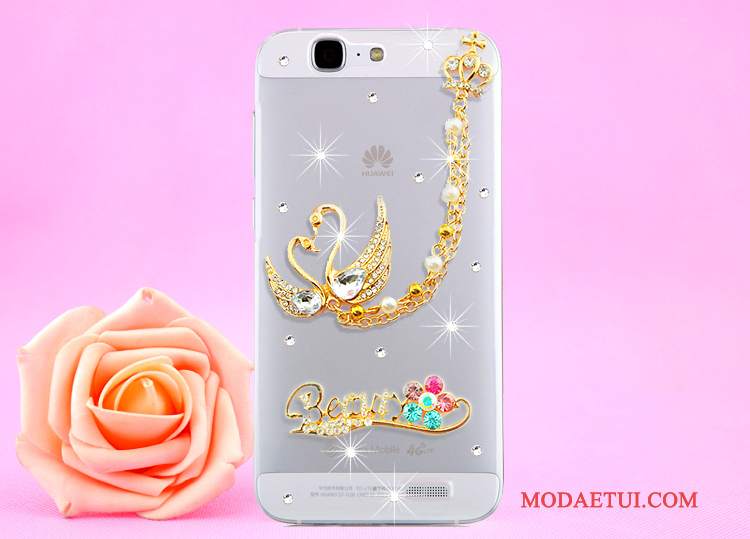 Futerał Huawei Ascend G7 Rhinestone Złoto Przezroczysty, Etui Huawei Ascend G7 Ochraniacz Wisząca Szyjana Telefon