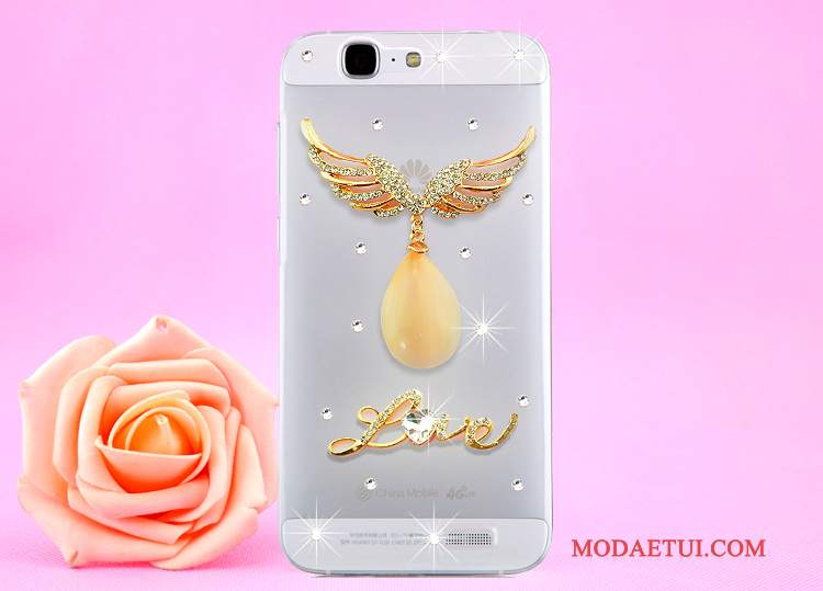 Futerał Huawei Ascend G7 Rhinestone Złoto Przezroczysty, Etui Huawei Ascend G7 Ochraniacz Wisząca Szyjana Telefon