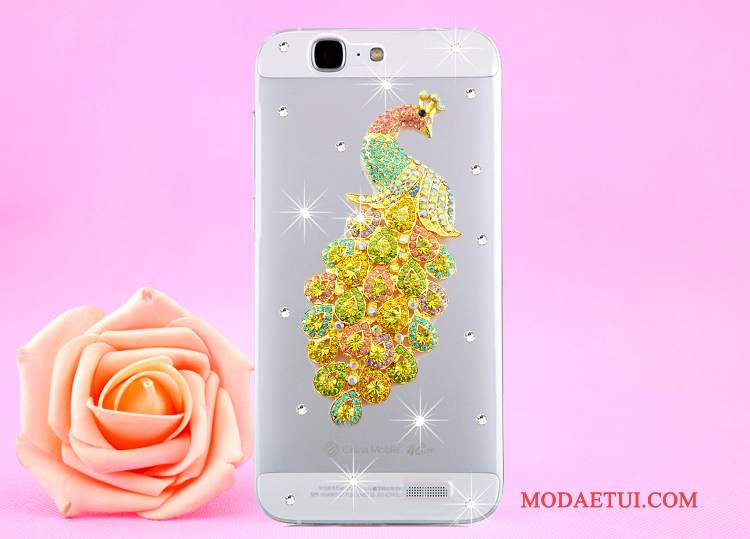 Futerał Huawei Ascend G7 Rhinestone Złoto Przezroczysty, Etui Huawei Ascend G7 Ochraniacz Wisząca Szyjana Telefon