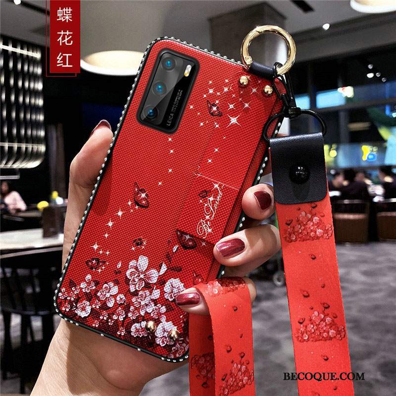Futerał Huawei P40 Miękki Wiszące Ozdobyna Telefon, Etui Huawei P40 Silikonowe Czerwony Netto Kwiaty