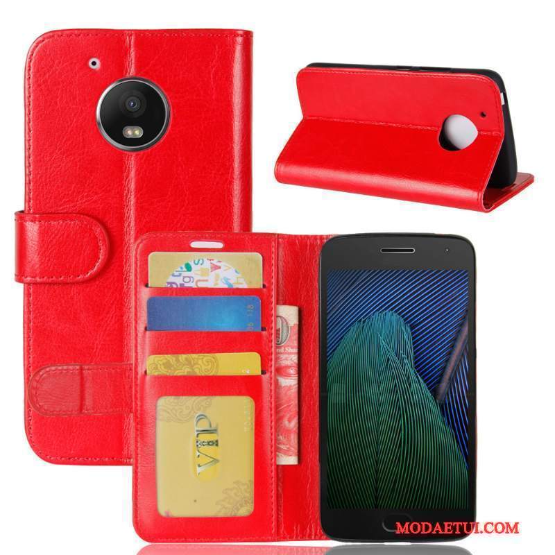 Futerał Moto G5 Skóra Na Telefon Czerwony, Etui Moto G5 Portfel Wzór Karta